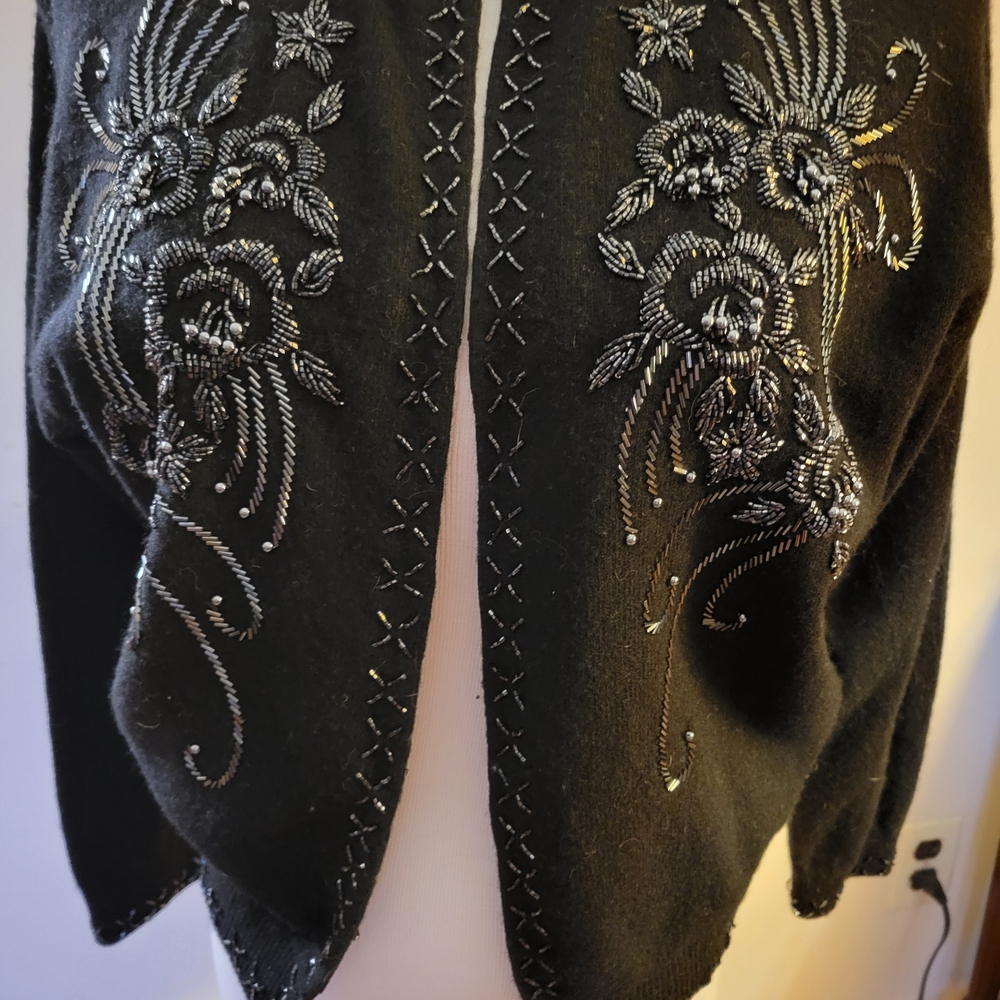 Hems Black Cardigan with Black Beaded Embroidery